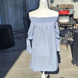 Pink Owl Off-Shoulder Light Blue Smocked Dress